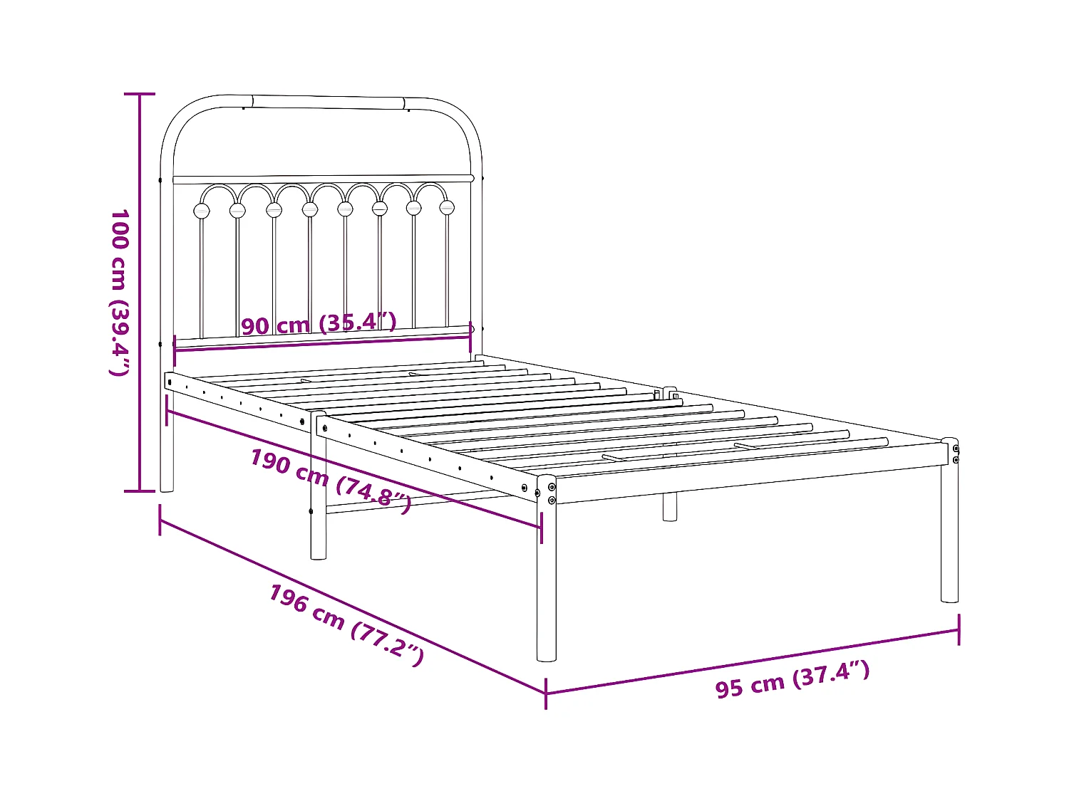 Estructura de cama con cabecero metal negro 90x190 cm