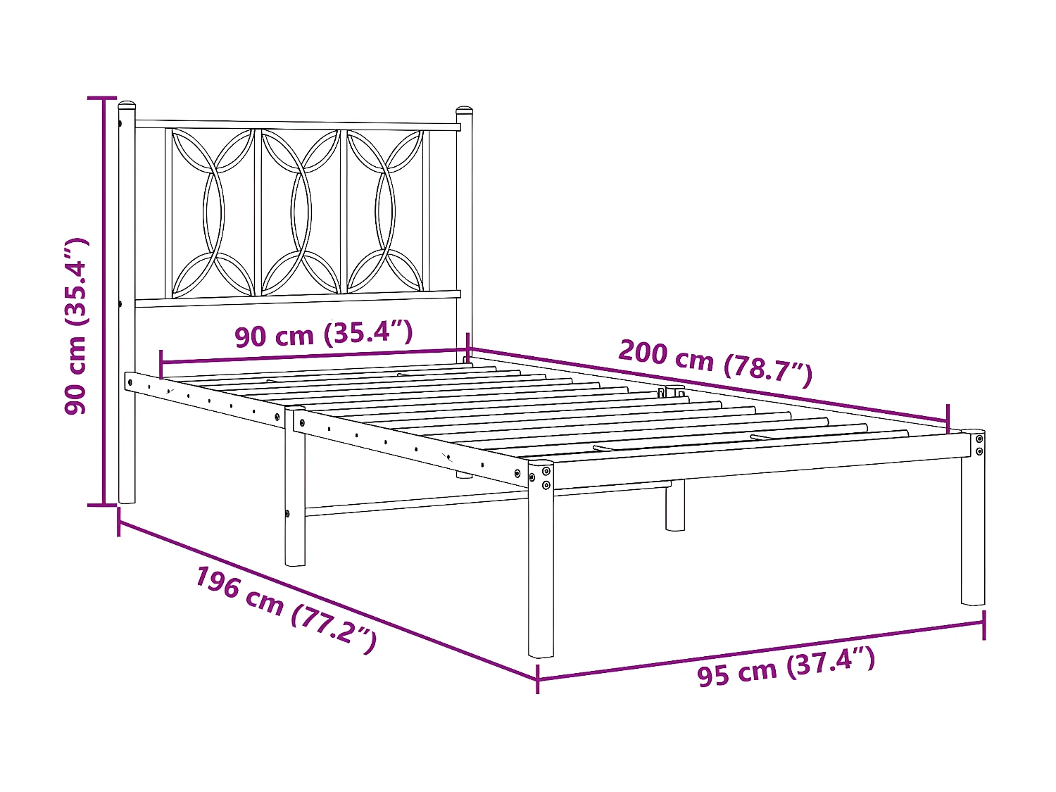 Estructura de cama con cabecero metal negro 90x200 cm