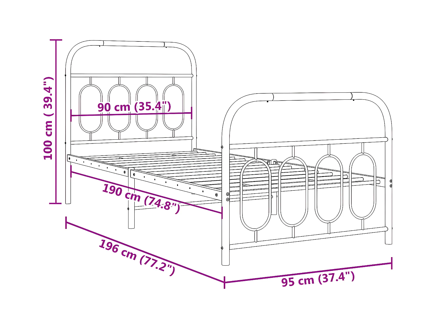 Estructura cama metal con cabecero y pie cama blanca 90x190 cm