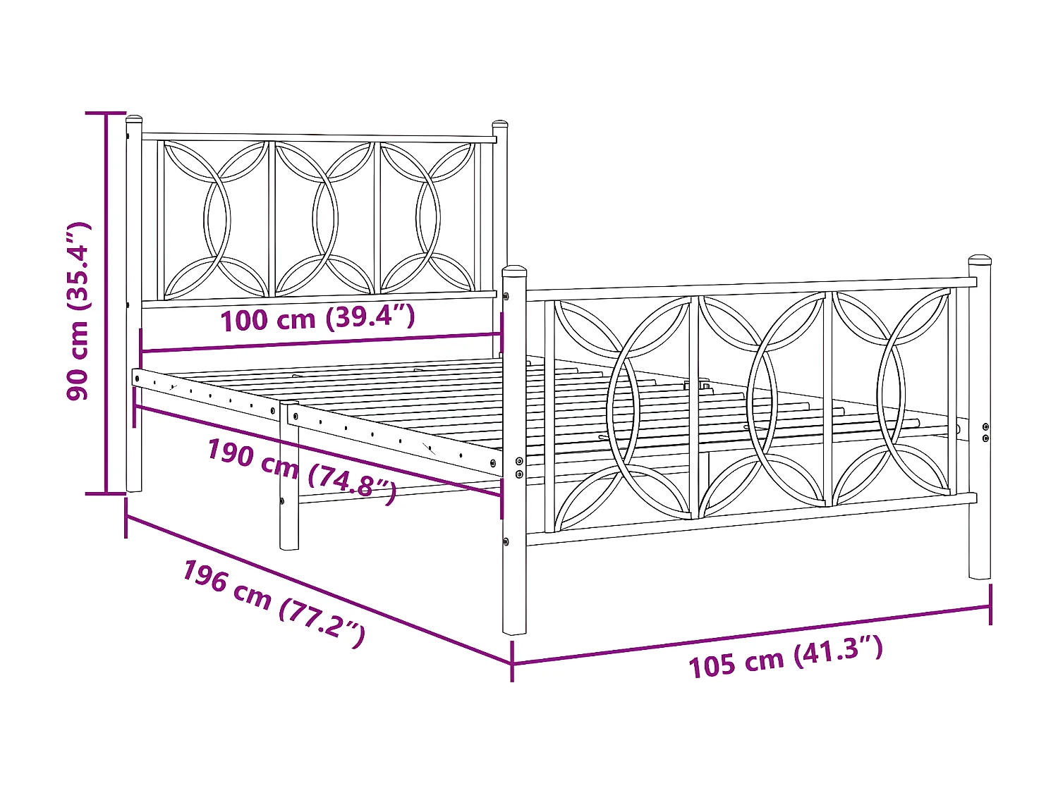 Cadre de lit métal avec tête de lit/pied de lit blanc 100x190cm