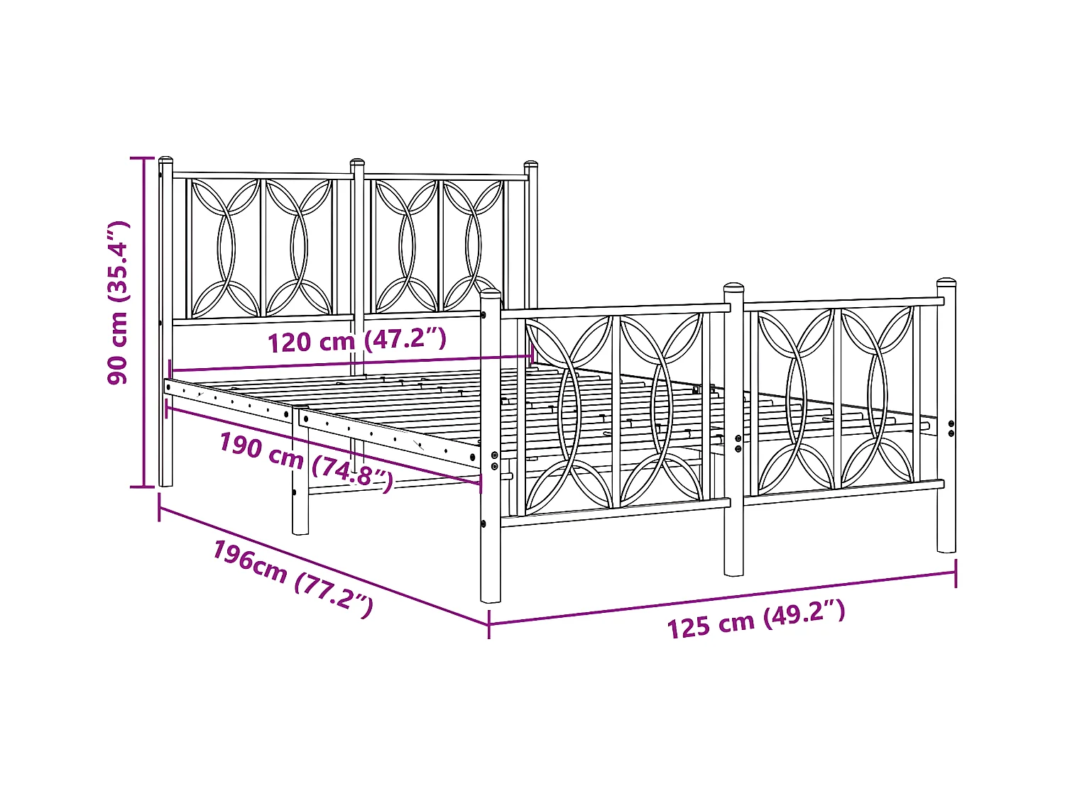 Cadre de lit métal avec tête de lit/pied de lit noir 120x190 cm