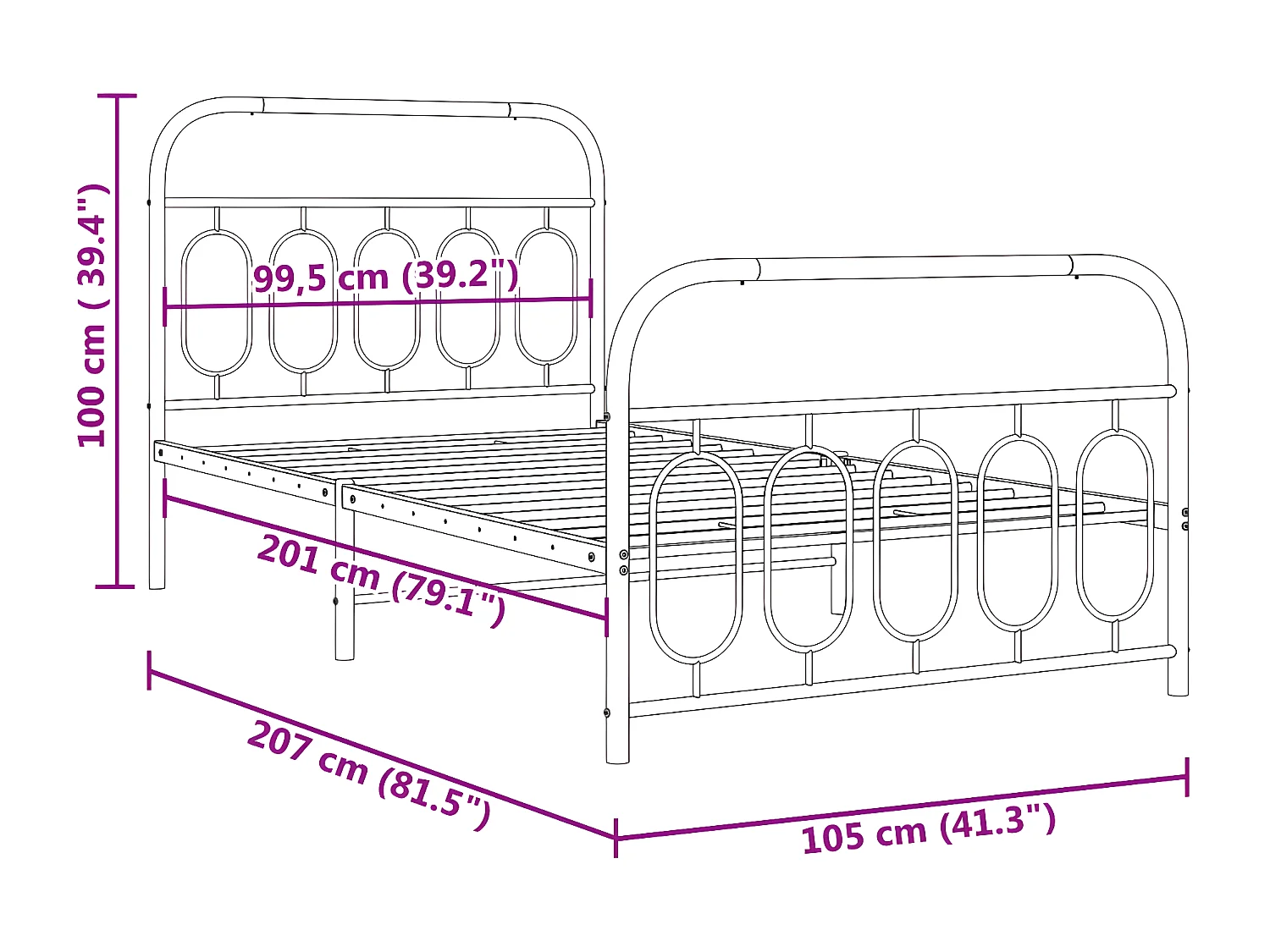 Cadre de lit métal avec tête de lit/pied de lit blanc 100x200cm