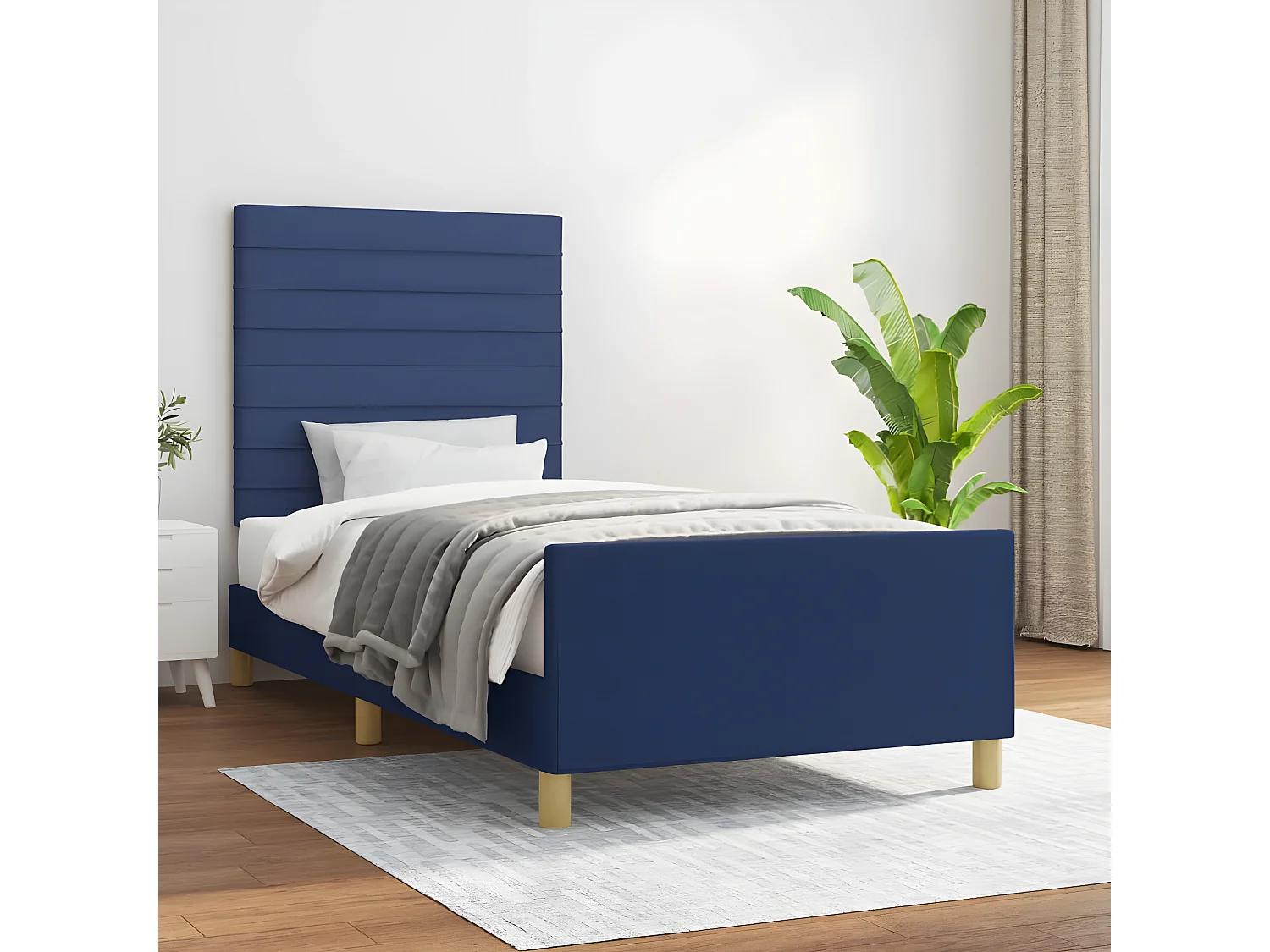 Estructura de cama con cabecero de tela azul 90x190 cm