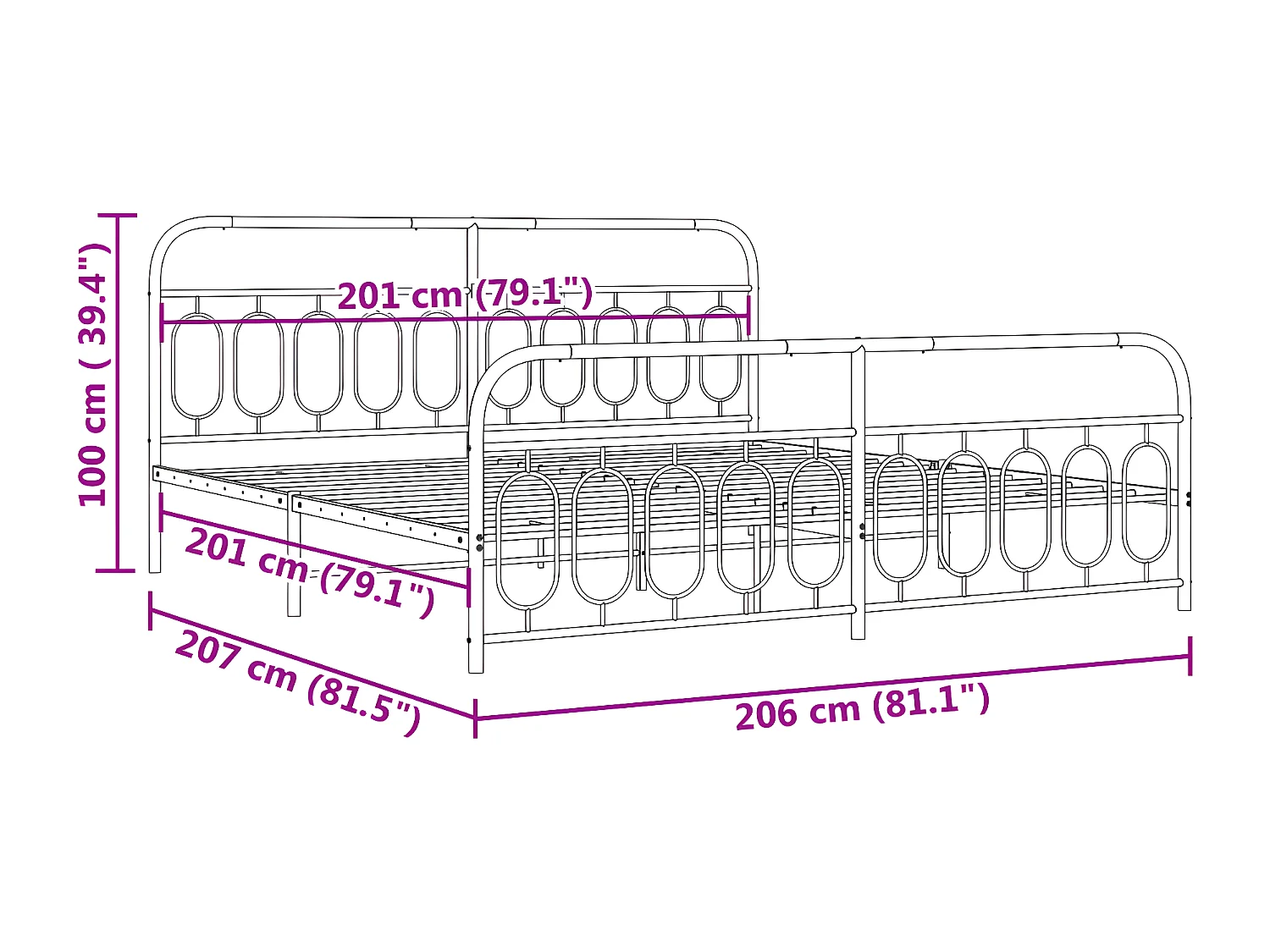 Estrutura de cama com cabeceira e pés 200x200 cm metal preto