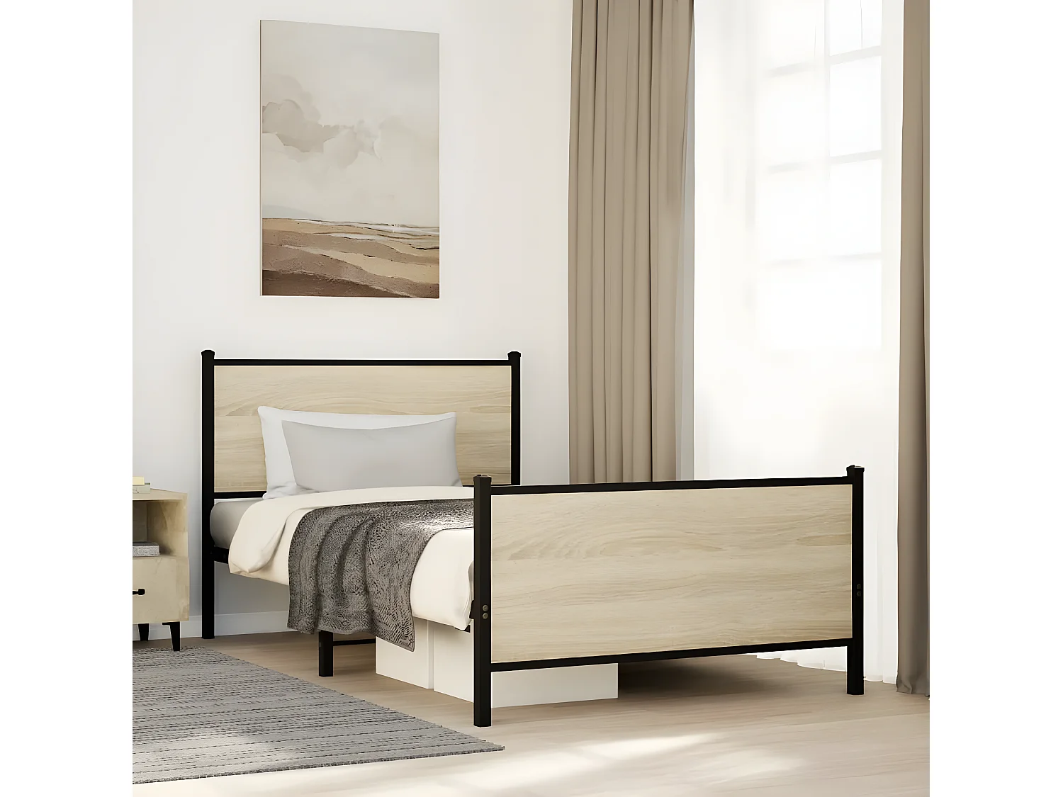 Cama con cabecero y pie de cama metal roble Sonoma 100x190 cm