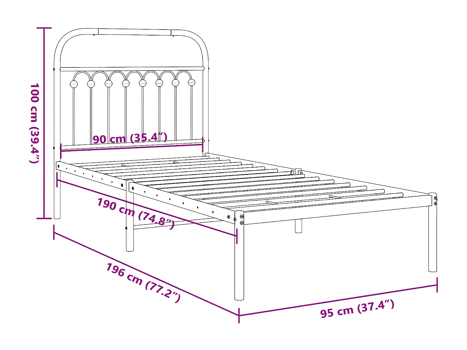Estructura de cama de metal con cabecero blanco 90x190 cm