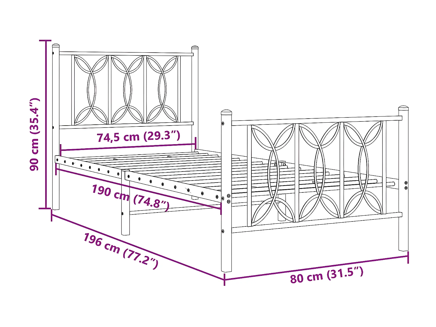 Estructura cama metal con cabecero y pie cama blanca 75x190 cm