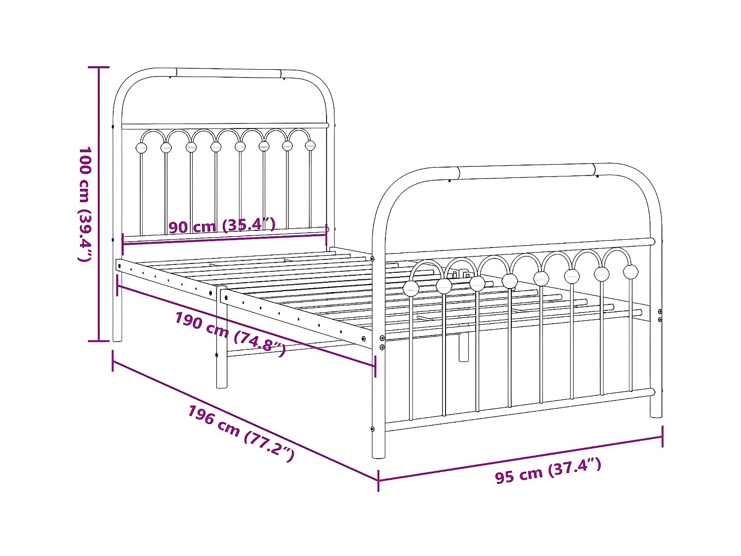 Estructura cama metal con cabecero y pie cama blanca 90x190 cm