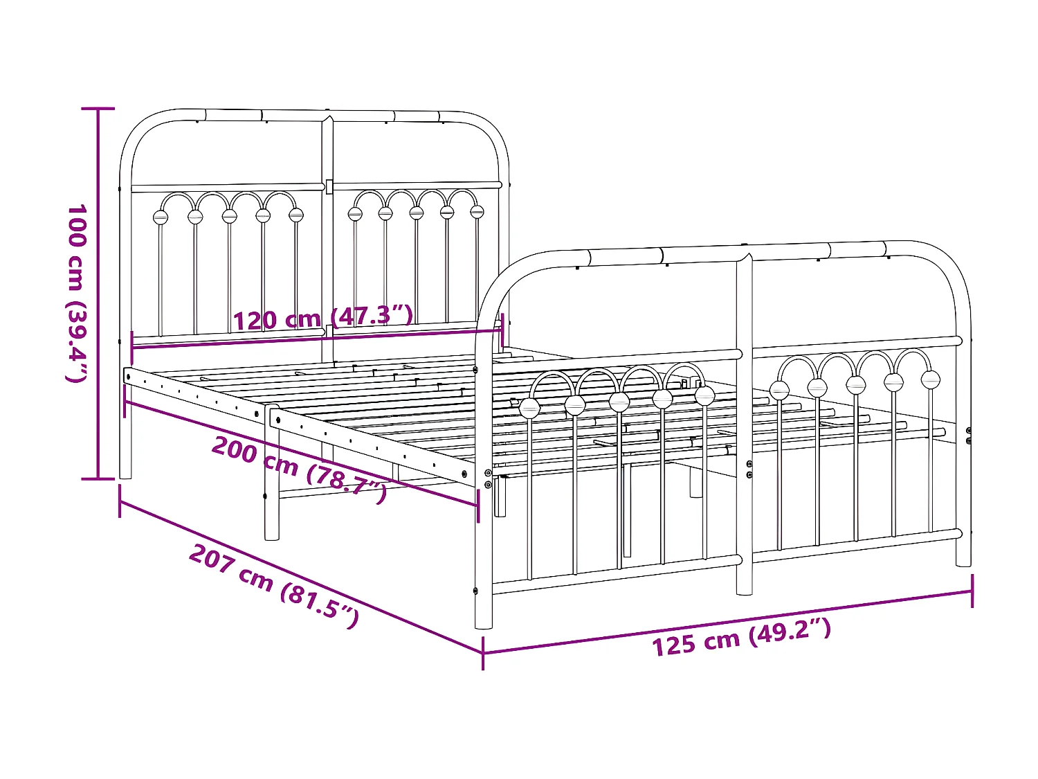 Estructura de cama cabecero y estribo metal negro 120x200 cm