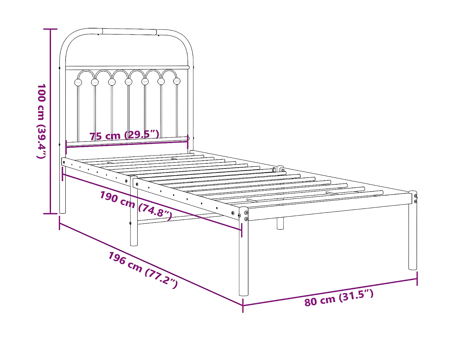 Estructura de cama de metal con cabecero blanco 75x190 cm