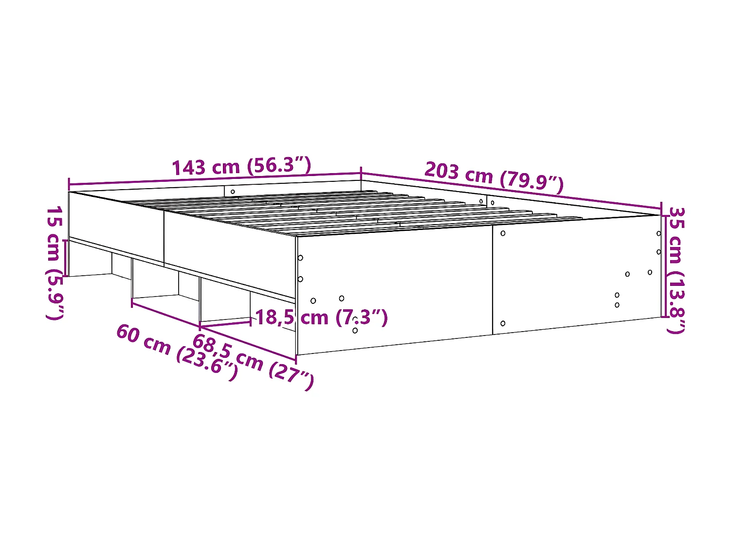 Estrutura de cama 140x200 cm derivados de madeira cinza sonoma
