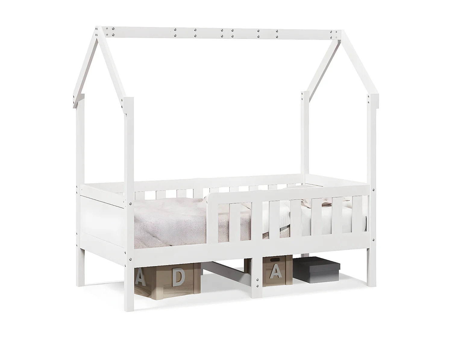 Cama con forma de casa para niños madera maciza blanco 70x140cm