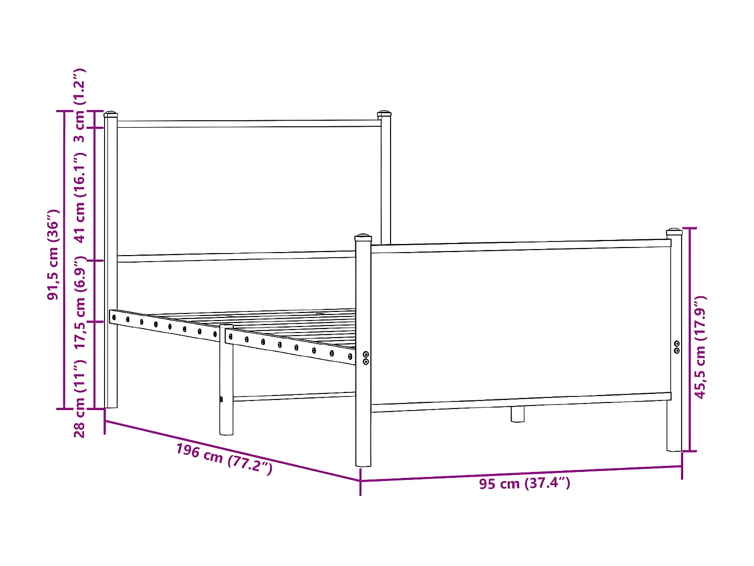 Cama con cabecero y pie de cama metal roble ahumado 90x190 cm
