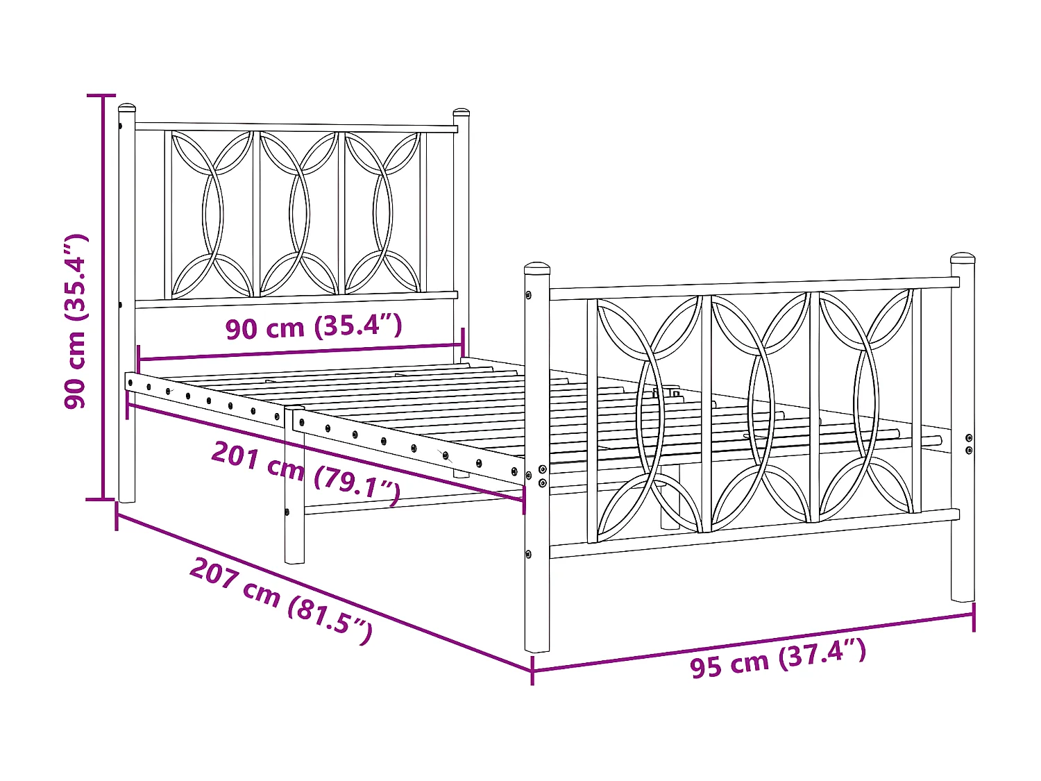 Estrutura de cama com cabeceira e pés 90x200 cm metal branco