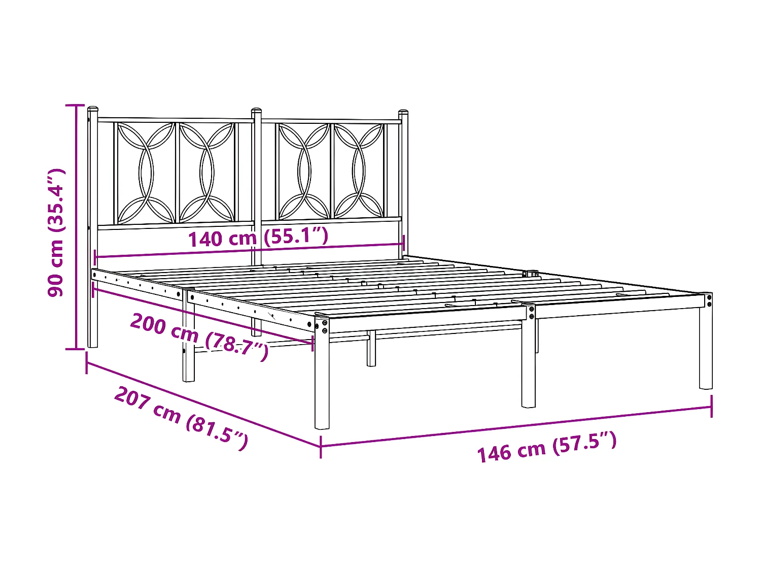Estrutura de cama com cabeceira 140x200 cm metal preto