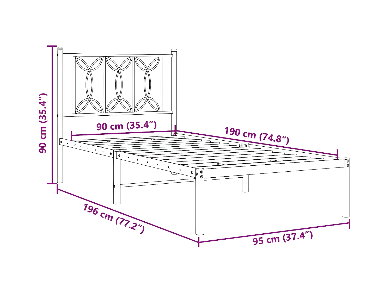 Estructura de cama con cabecero metal negro 90x190 cm