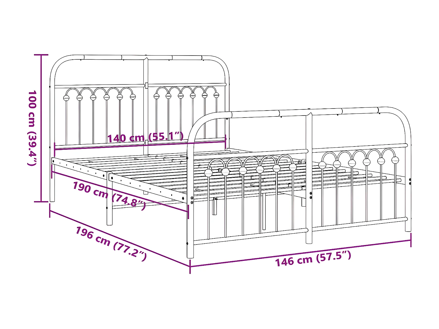 Estrutura de cama com cabeceira e pés 140x190 cm metal branco