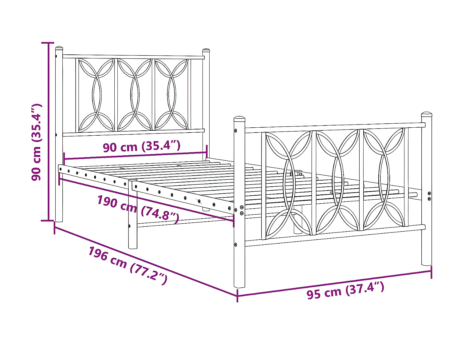 Estrutura de cama com cabeceira e pés 90x190 cm metal branco