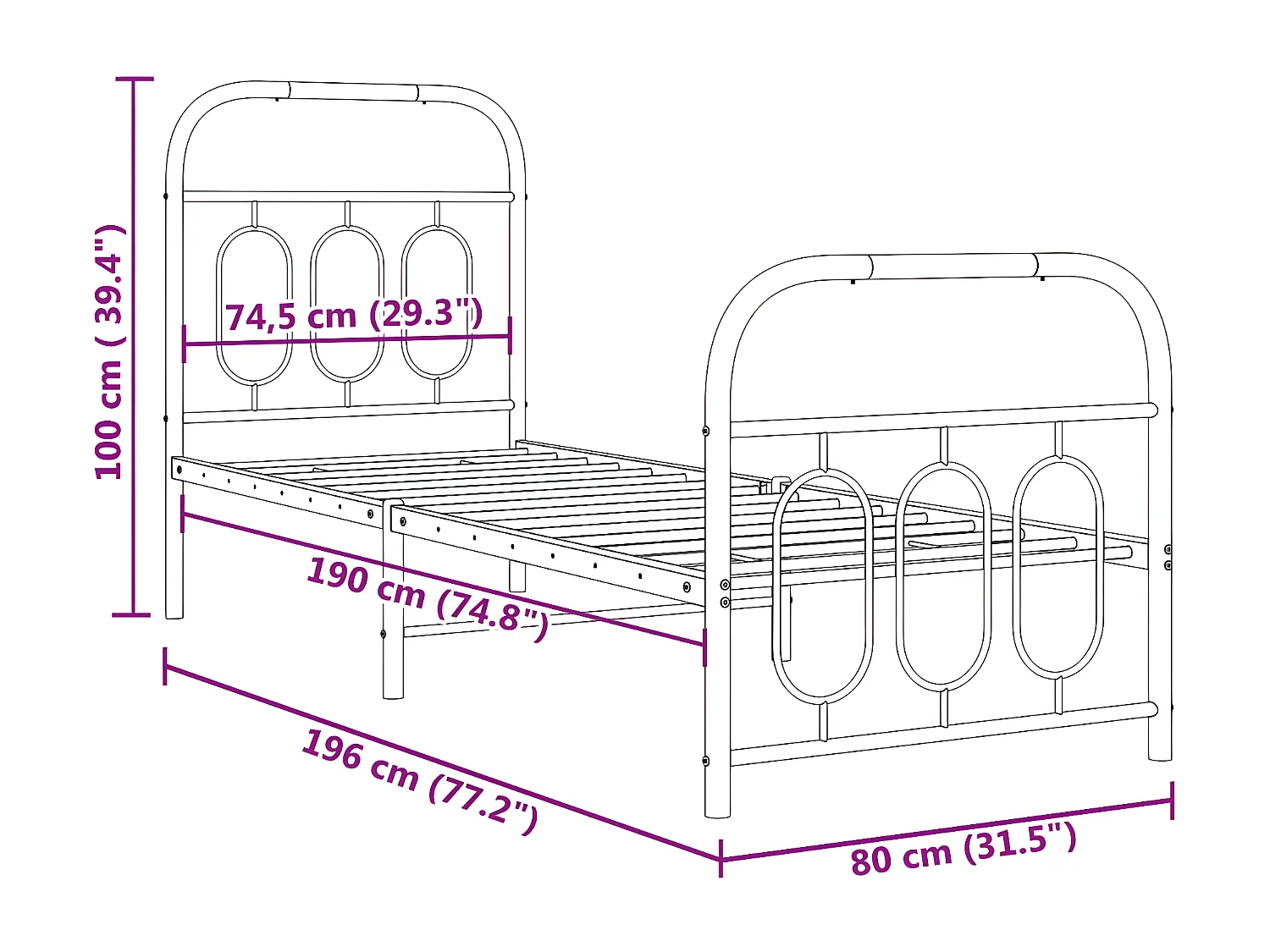 Estrutura de cama com cabeceira e pés 75x190 cm metal branco