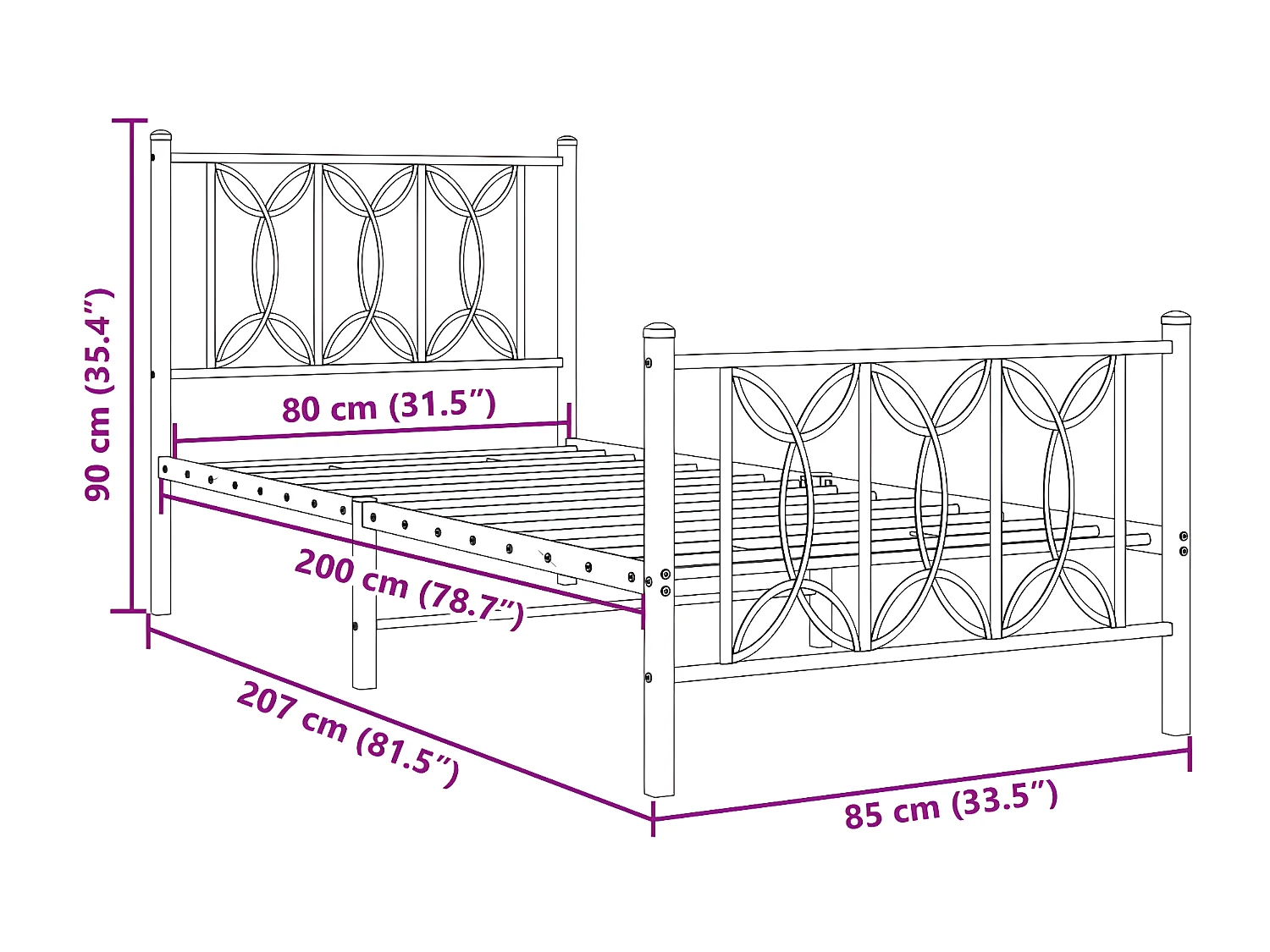 Estructura cama metal con cabecero y pie cama blanca 80x200 cm