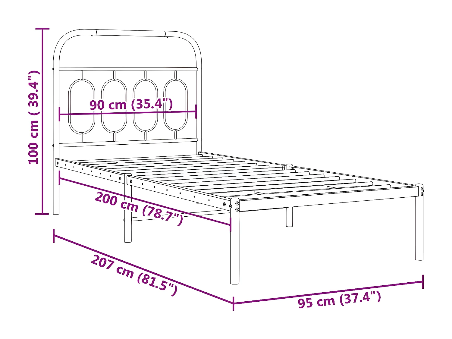 Estrutura de cama com cabeceira 90x200 cm metal preto