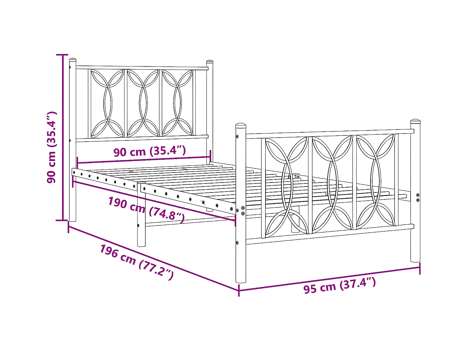 Estrutura de cama com cabeceira e pés 90x190 cm metal preto