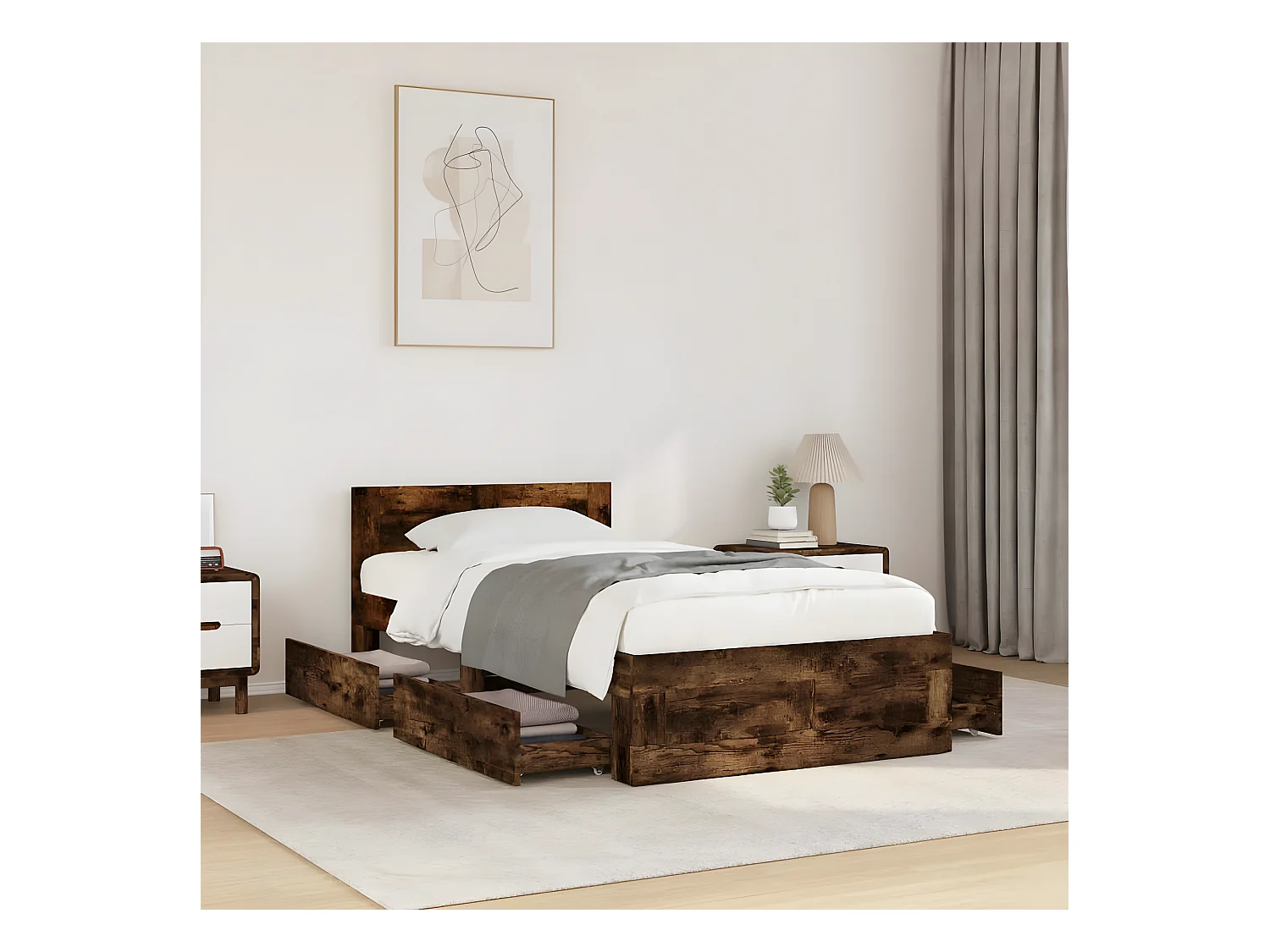 Cama con cabecero madera de ingeniería roble ahumado 100x200 cm