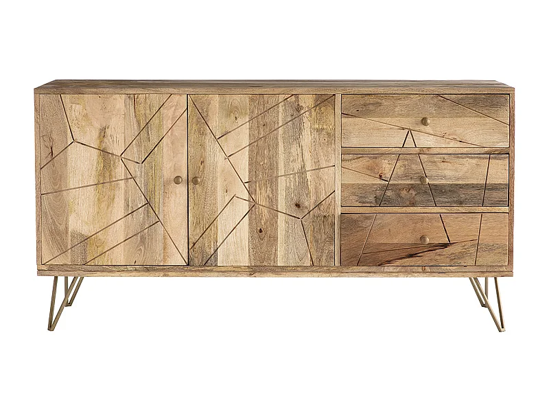 Buffet gravé en bois manguier massif et métal doré 2 portes 3 tiroirs L145 cm LINIUM