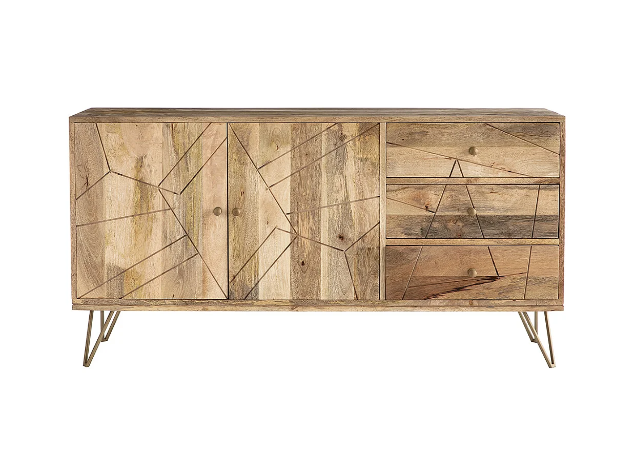 Buffet gravé en bois manguier massif et métal doré 2 portes 3 tiroirs L145 cm LINIUM