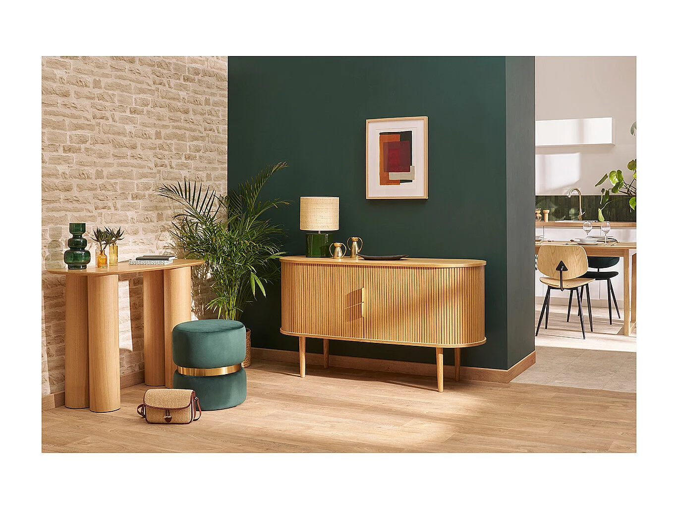 Aparador vintage de madera clara de roble con 2 puertas correderas 138 cm EPIC