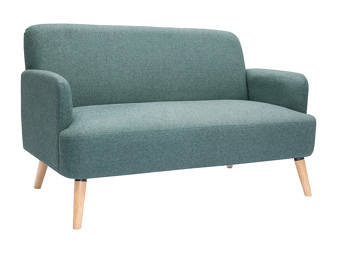 Sofá nórdico 2 plazas de tela verde grisáceo y madera clara ISKO