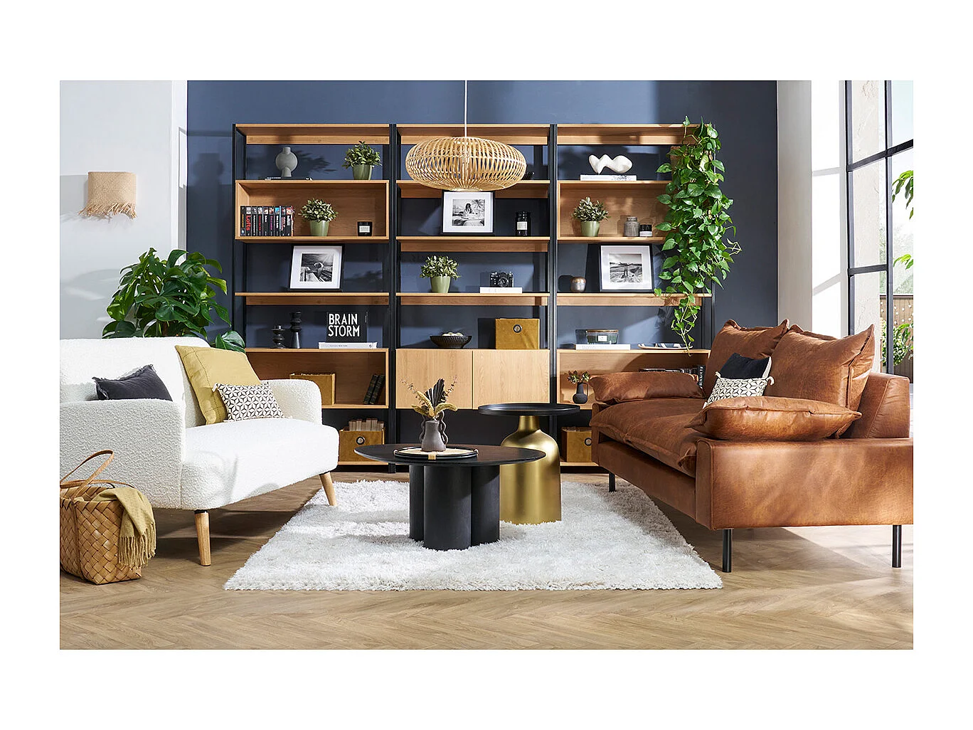 Bibliothèque étagère avec rangement fermé finition bois clair chêne et métal noir L94 cm FLEA