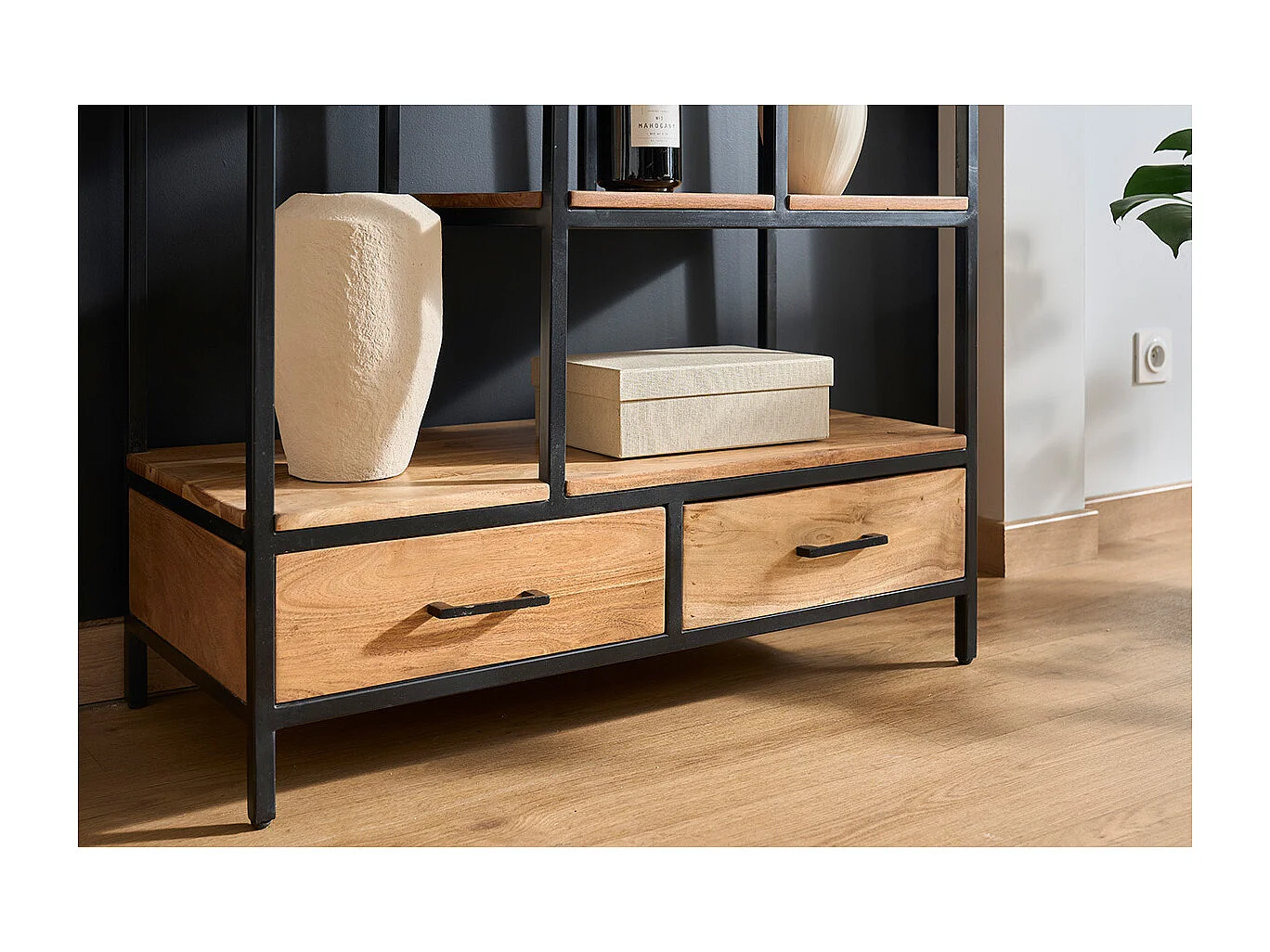 Biblioteca industrial en acacia y metal negro L90 cm JASPE