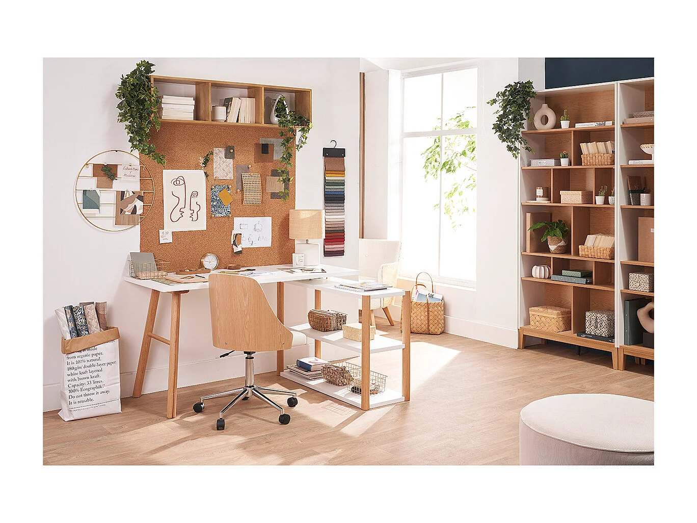 Libreria scandinava in legno chiaro rovere e bianco L90 cm ABEL