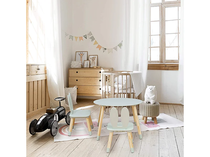 Tavolino e 2 Sedie per Bimbi Rebecca Mobili Milicia 44x60x60 MDF Pino Verde Acqua Marrone SET 3 pezzi