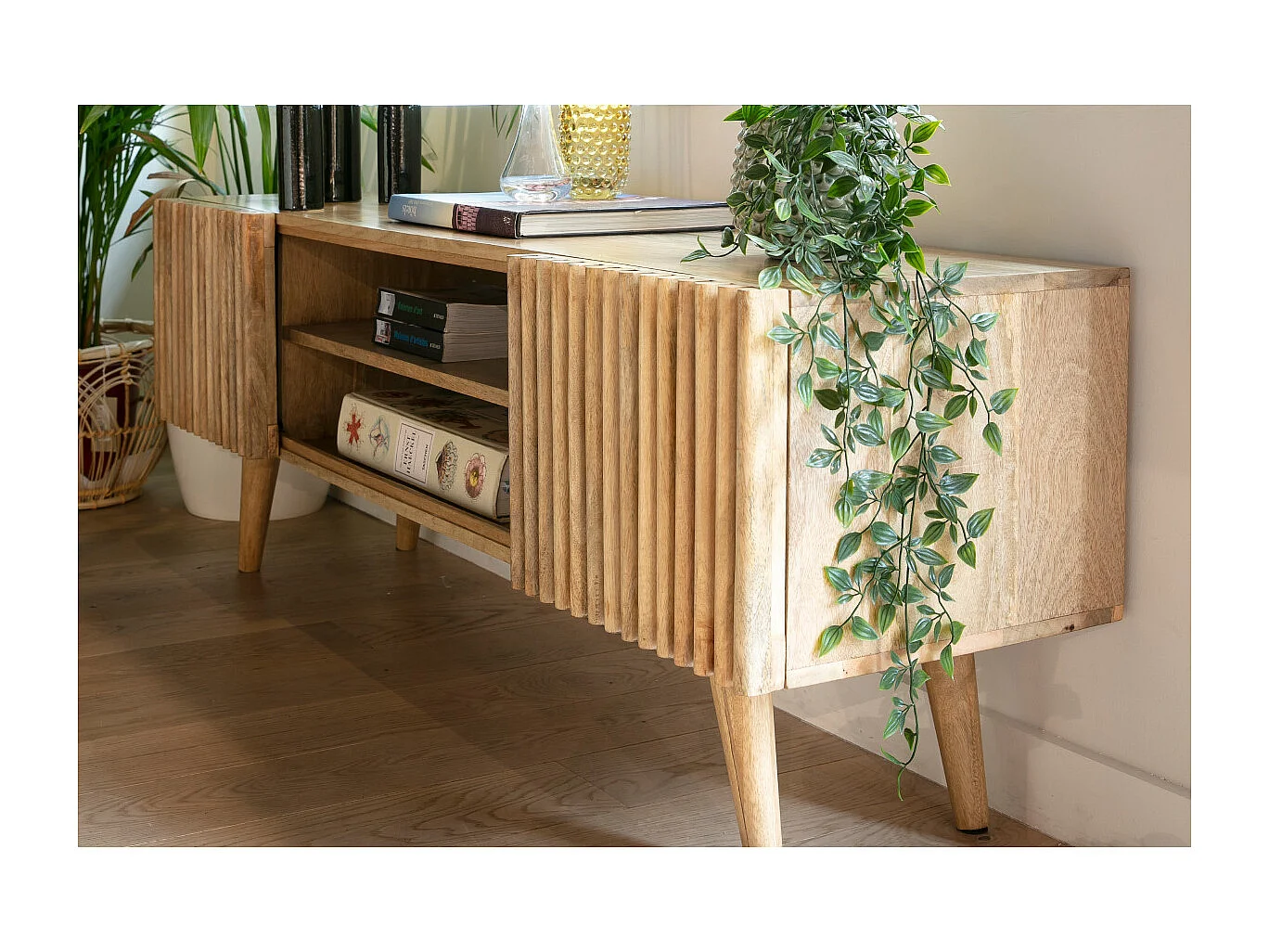 Meuble TV bois manguier massif avec portes coulissantes L140 cm ALBA