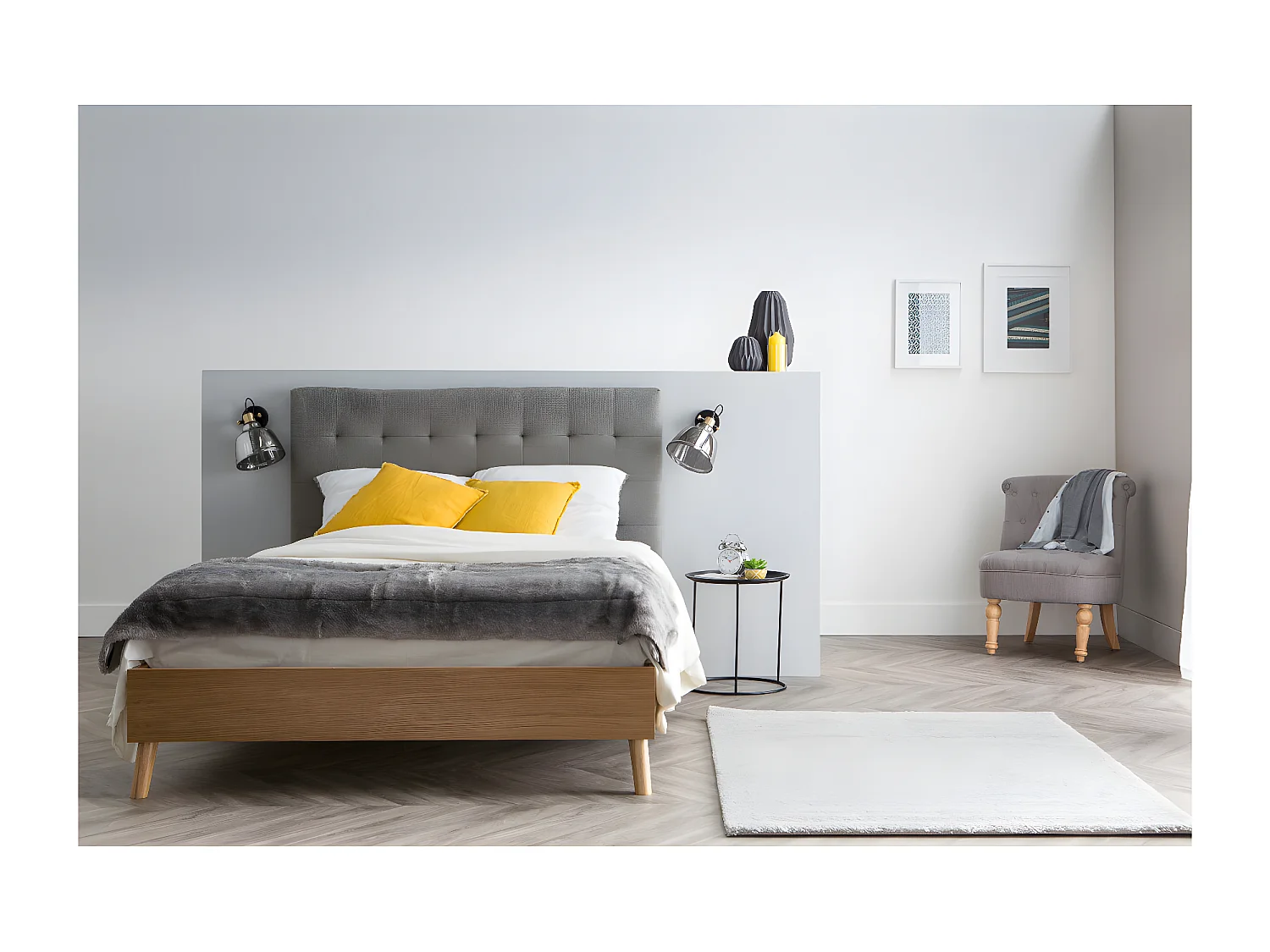 Letto matrimoniale scandinavo legno e tessuto grigio 160 x 200cm LYNN