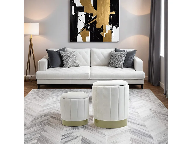 Pouf Contenitore Rebecca Mobili Okome 44x35,5x35,5 Tessuto Poliestere Acciaio Bianco Giallo Moderno SET 2 pezzi