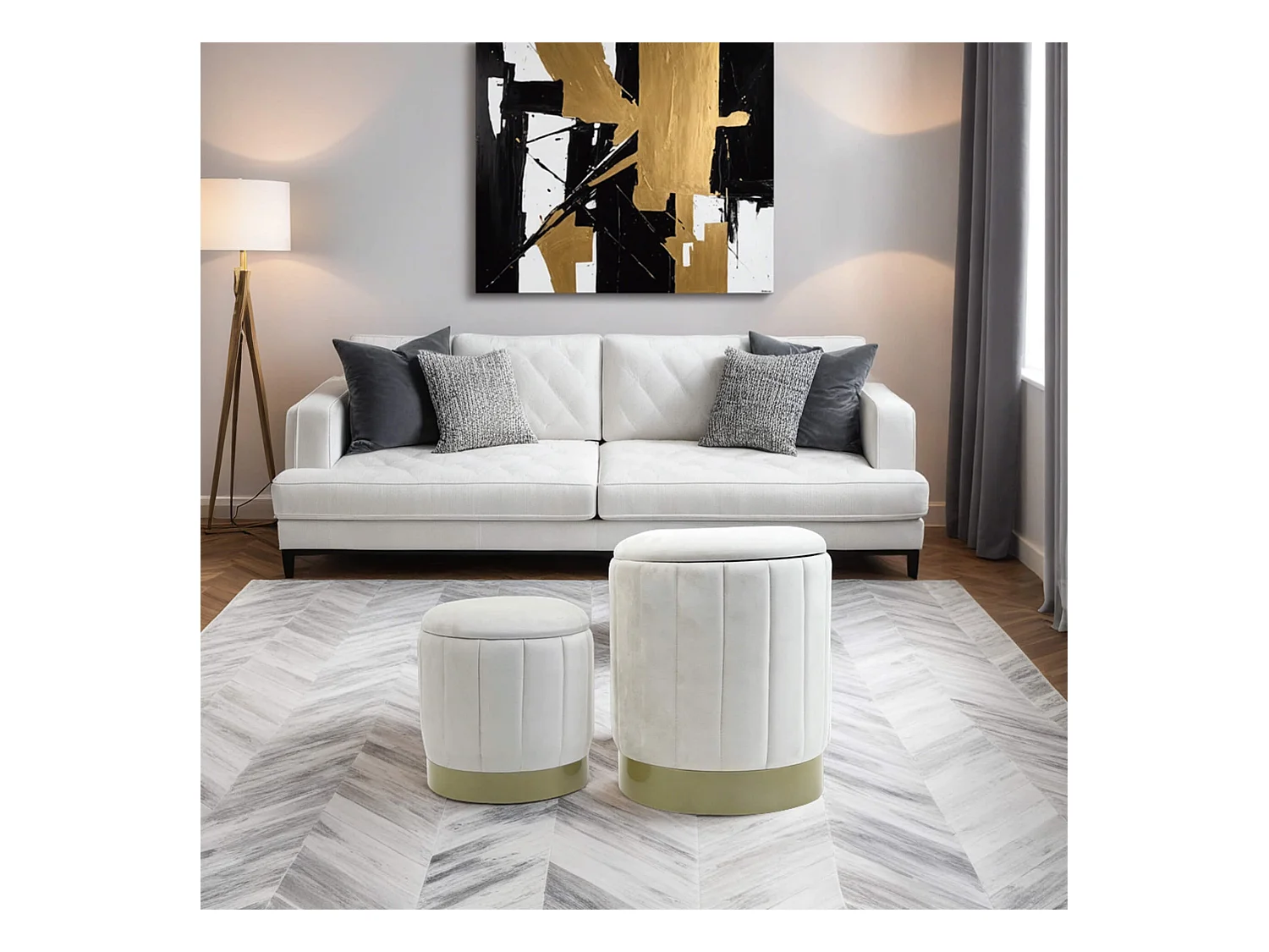 Pufe com armazenamento Rebecca Mobili Okome 44x35,5x35,5 Tecido de Poliéster Aço Branco Moderno CONJUNTO 2 peças