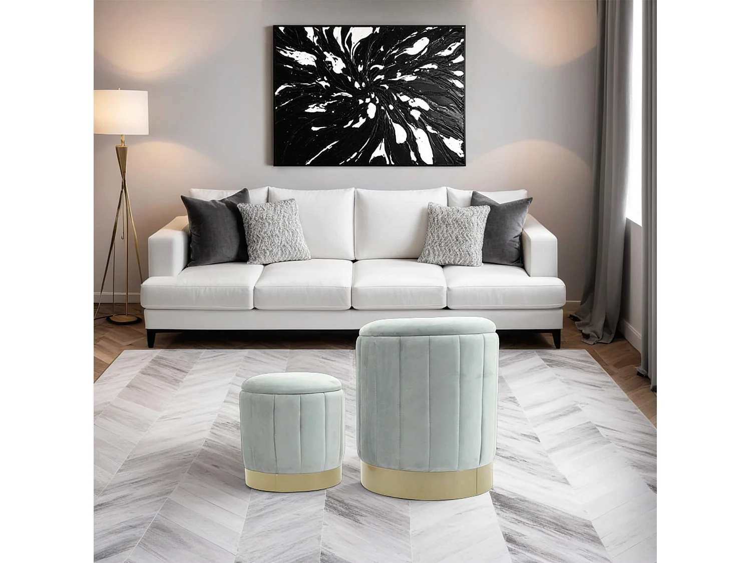 Pouf Contenitore Rebecca Mobili Avelos 44x35,5x35,5 Tessuto Poliestere Acciaio Grigio Giallo Moderno SET 2 pezzi