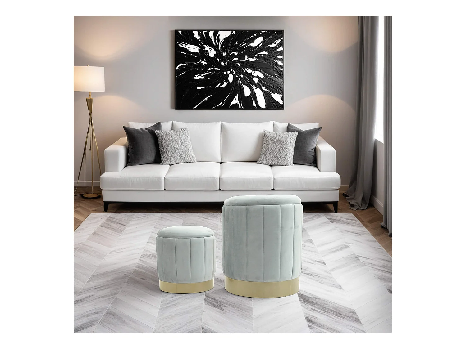 Pouf avec rangement Avelos 44x35,5x35,5 Tissu Polyester Acier Gris Jaune Moderne ENSEMBLE 2 pcs