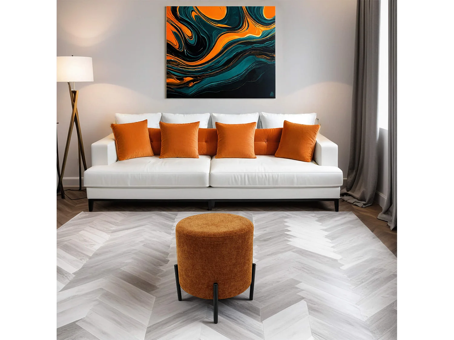 Pouf Rebecca Mobili Semal 43,5x38x38 Tessuto Poliestere Acciaio Arancione Nero Moderno