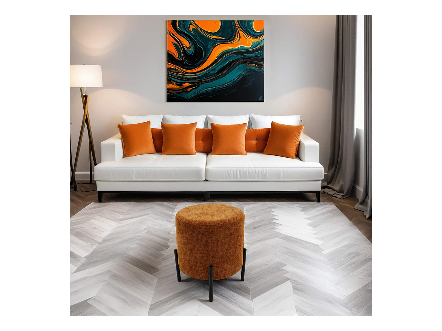 Pouf Semal 43,5x38x38 Tissu Polyester Acier Orange Noir Moderne