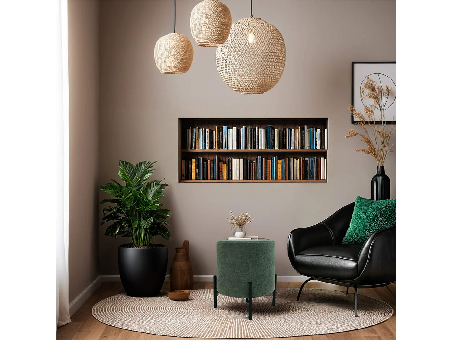 Pouf Daikon 43,5x38x38 Tissu Polyester Acier Vert Foncé Noir Moderne