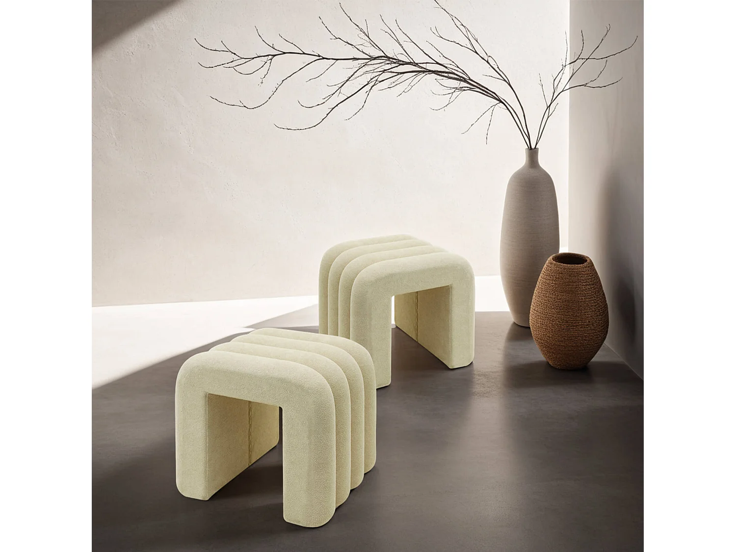 Pouf Rebecca Mobili Nikau 40x38x40 Tessuto Poliestere MDF Beige Moderno SET 2 pezzi