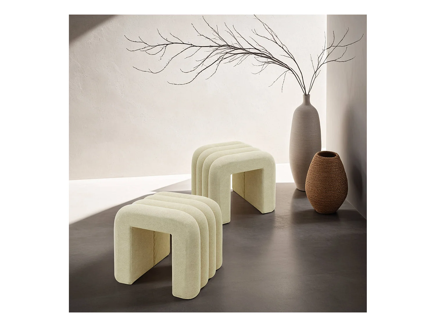 Pouf Nikau 40x38x40 Tissu Polyester MDF Beige Moderne ENSEMBLE 2 pcs