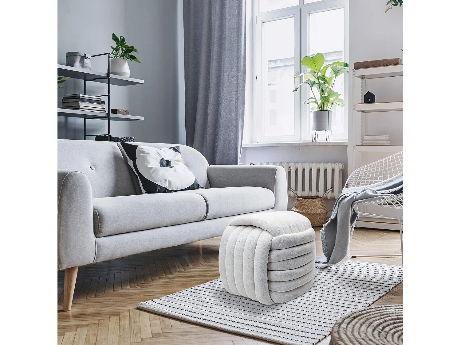 Pouf Rebecca Mobili Oyamel 45x50x50 Tessuto Poliestere MDF Bianco Moderno