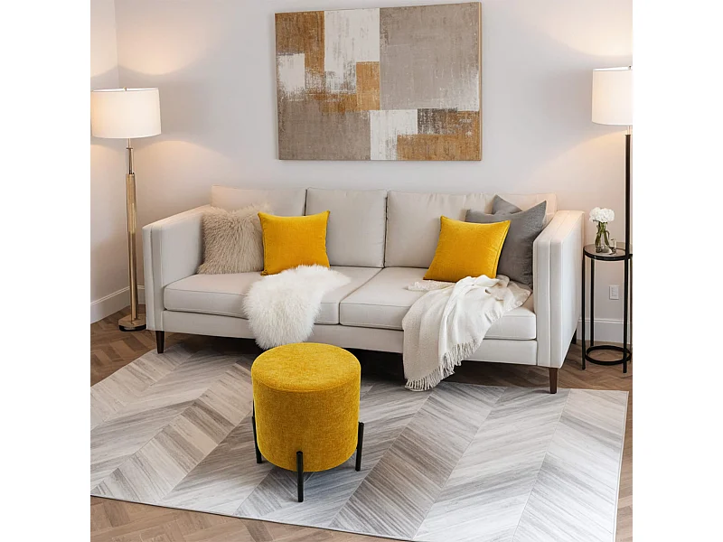 Pouf Rebecca Mobili Cerro 43,5x38x38 Tessuto Poliestere Acciaio Giallo Nero Moderno