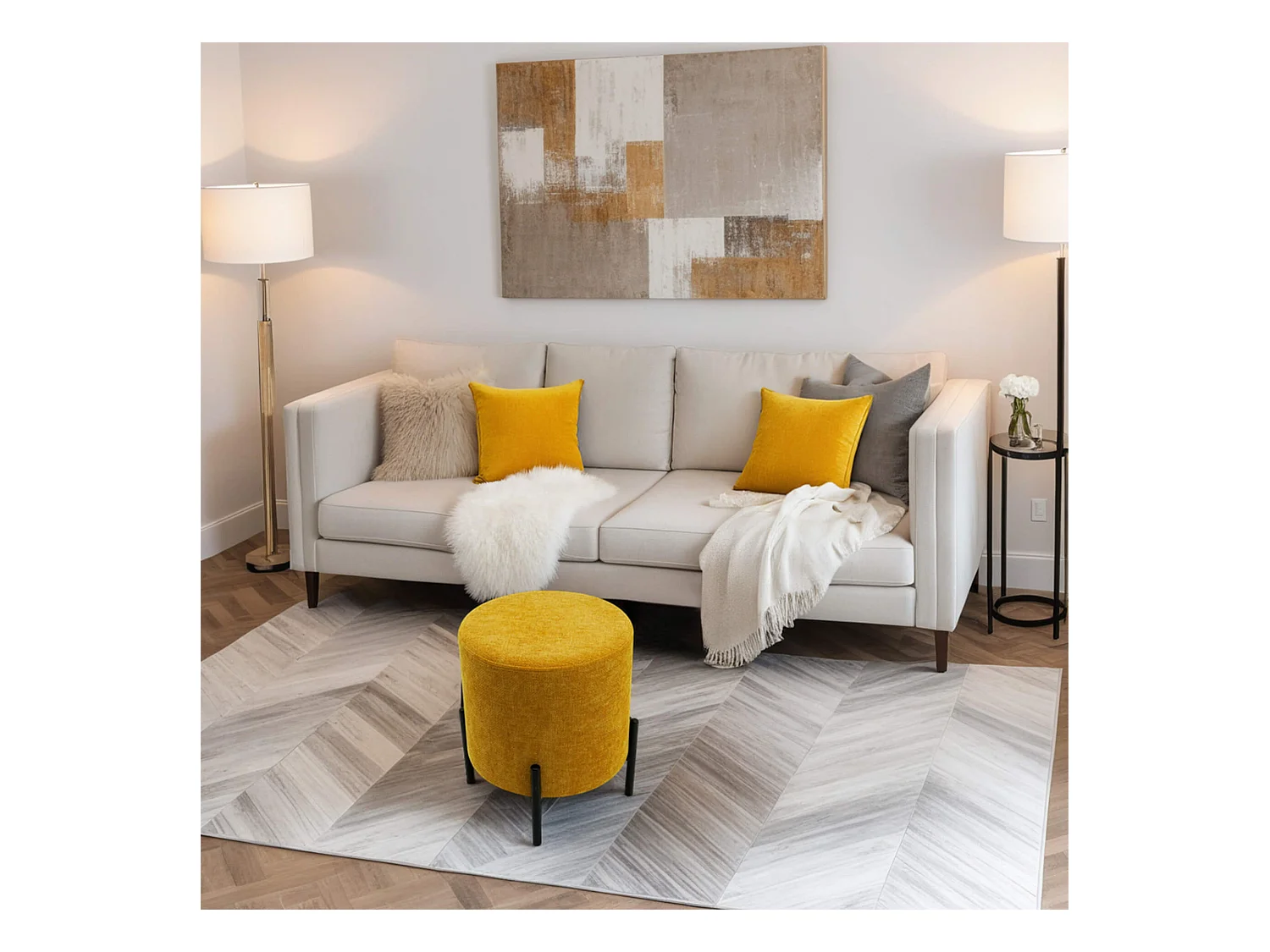 Pouf Cerro 43,5x38x38 Tissu Polyester Acier Jaune Noir Moderne