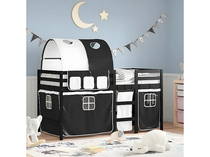 Cama alta criança c/ túnel 90x200 cm pinho maciço branco/preto